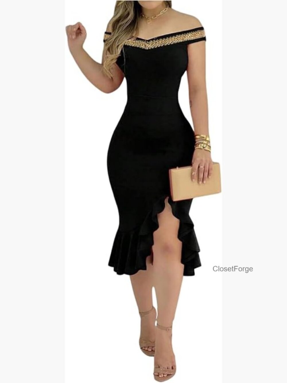 Off Shoulder Midi Bodycon Dress Ruffle Thigh Slit Formal Outfits